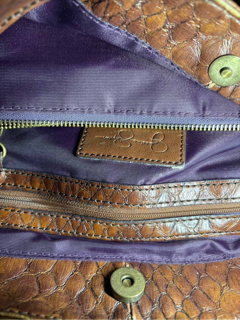 Jessica Simpson Reptilian Brown Textured Faux Leather Satchel Handbag Vegan Bag - Picture 13 of 15